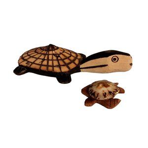 Turtles Set Of 2 Wood And Shell Pyrography Hand Carved